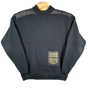 Bugle Boy Sky Flier Knit Sweater Mens Large Black Leather Trim Military Vintage